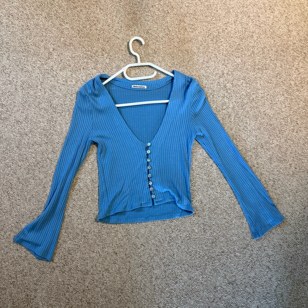 Reformation Blue Ribbed V-Neck Button-Down Shirt